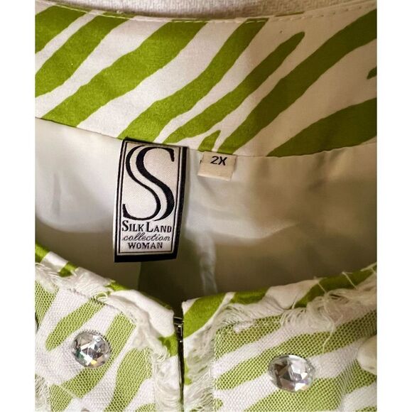 Silk Land Jacket Long Sleeve Boho Lime/White Print Mesh & Jewel Embellished 2XL - Picture 5 of 11